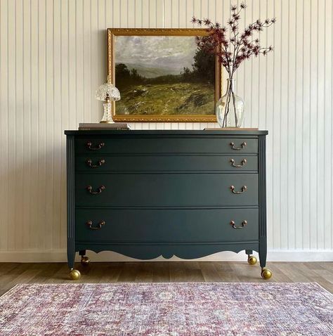 Restored Antique Dresser, Dark Green Dresser Bedroom, Dark Green Dresser, Green Dresser Makeover, Accent Furniture Bedroom, Dresser Flip, Charleston Green, Primary Bed, Antique Farm Table