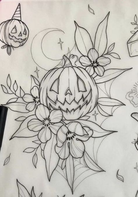 Halloween Girly Tattoos, Spooky Jackolantern Drawing, Girly Pumpkin Tattoo, Halloween Tattoo Thigh, Neo Trad Halloween Tattoo, Spooky Designs Drawing, Tattoo Ideas Female Halloween, Halloween Mandala Tattoo, Halloween Flowers Drawing