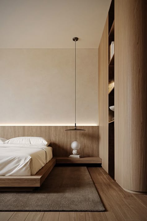 Minimal Wood Bedroom, Bedroom Muji Design, Comfortable Interior Design, Muji Inspired Bedroom, Bedroom Acoustic Panelling, Japandi Design Bedroom, Japandi Bedroom Decor, Minimalist Master Room, Minimal Hotel Room