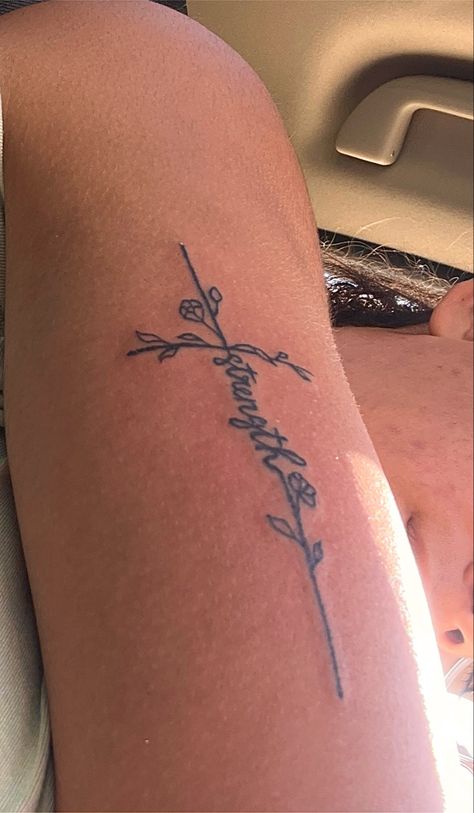 Cross Strength Tattoos For Women, Cross Forearm Tattoos For Women, Strength Cross Tattoo, Spine Tats, Cowgirl Tattoos, Verse Tattoos, Cross Tattoos For Women, Petite Tattoos, Spine Tattoos For Women