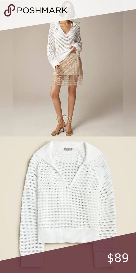 J CREW CROCHETED SAILOR COLLAR PULLOVER BEACHY WHITE SWEATER NWT SZ LARGE Sailor Collar, Open Weave, White Sweater, Fit Body, White Sweaters, Warm Weather, J Crew, Color White, Relaxed Fit