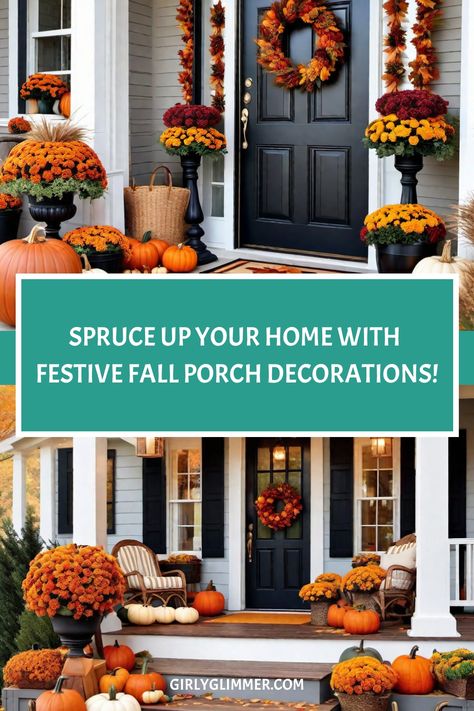 Festive fall porch decorations featuring pumpkins, sunflowers, and chrysanthemums around a black front door. Text reads, "SPRUCE UP YOUR HOME WITH FESTIVE FALL PORCH DECORATIONS!" Fall Porch Leaners, Front Door Apartment Decor, Fall Front Steps, Fall Porch Signs, Cozy Front Porch Ideas, Fall Outside Decor, Fall Porch Decorations, Porches Ideas, Fall Porches