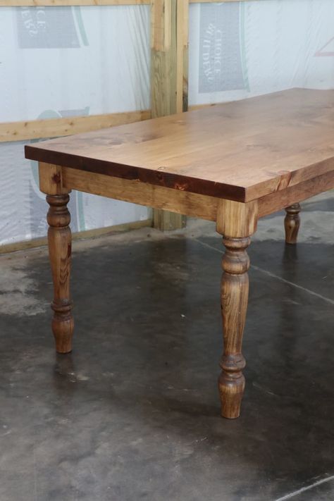 This product is in stock and ships out within 1-3 days.  This listing is for a solid wood farmhouse table. This is a handmade, custom item. We ship nationwide to the lower 48 states.    Wood types: We can make this table with many types of wood. This table top was constructed using 2" thick wood. The table is made from solid white pine with a medium-tone stain.  Table Base: We can make the table base to fit in your home. This table base features turned and carved wooden legs. It is handmade from Farmhouse Table Color Ideas, Table For Sale, Farmhouse Table With Mismatched Chairs, Antique Harvest Table, Long Farmhouse Dining Table, Wood Dinner Table Modern, Raw Wood Dining Table, Shabby Chic Dining Room Table, Simple Wood Table