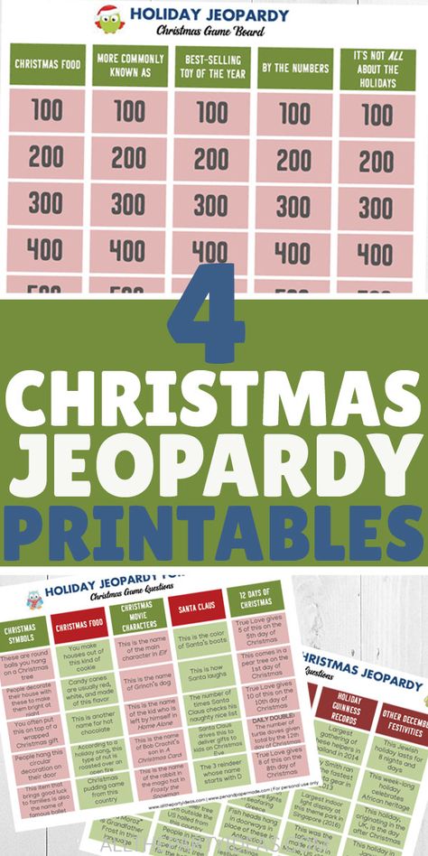 CHRISTMAS JEOPARDY questions and answers with free game board printables. Fun, easy, hard, unique, creative ideas to DIY for a corporate work office christmas party with coworkers or holiday gathering with friends, family, church, or school. Christmas trivia, for kids or children, around the world traditions, and bible Christian version too. Categories like songs, carols, movies, food, characters, toys, facts and figures, stats, and more #christmasgames #christmasprintables #christmaspartygames Christmas Jeopardy Questions, Christmas Jeopardy Questions And Answers, Jeopardy Questions And Answers, Christmas Jeopardy Game, Christmas Jeopardy, Jeopardy Questions, Movies Food, Food Characters, Christmas Party Ideas For Teens