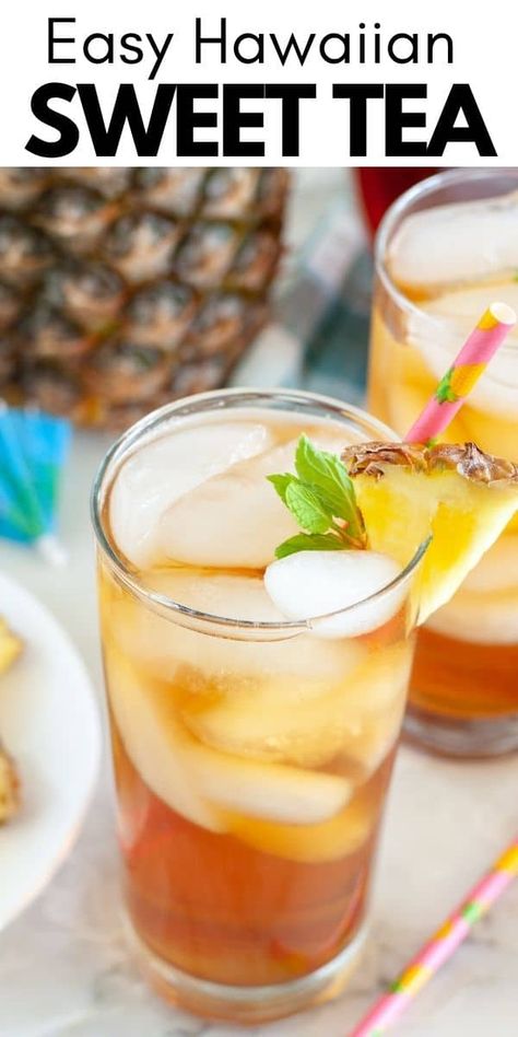 Cool off with this refreshing Hawaiian sweet tea. Delicious sweet tea with an infusion of tropical flavor. #hawaiiantea #pineappletea Pineapple Iced Tea Recipe, Iced Tea Recipes Homemade, Pineapple Tea, Sweet Tea Recipes, Iced Tea Recipe, Iced Drinks Recipes, Tea Drink Recipes, Drink Recipes Nonalcoholic, Iced Tea Recipes