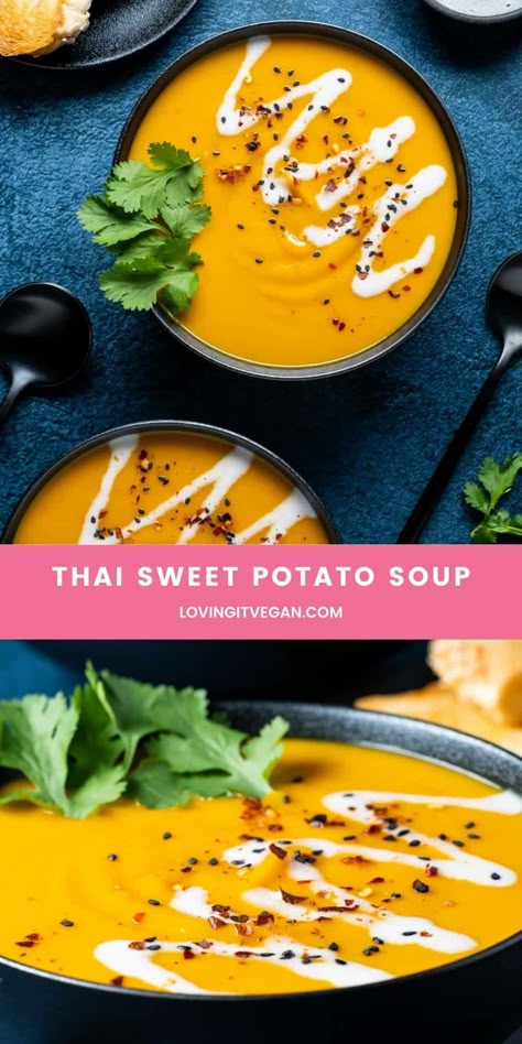 Canned Sweet Potato Puree Recipes, Thai Sweet Potato Soup, Spicy Sweet Potato Soup, Sweet Potato Coconut Curry, Thai Sweet Potato, Pumpkin Sweet Potato Soup, Curried Sweet Potato Soup, Sweet Potato Carrot Soup, Soup Maker Recipes