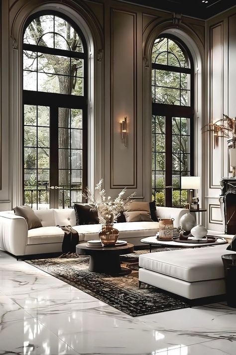 Italian Luxury Interior, Modern Neoclassical Interior Living Room, Dark Wood Furniture Living Room Ideas, Black White And Beige Living Room, Luxury Fireplace Living Room, Italian Modern Interior Design, Luxury House Ideas, Beige And Black Living Room, Modern Italian Living Room