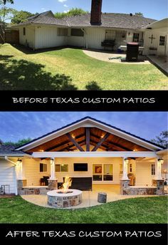 Covered Patio Farmhouse, Backyard Additions Covered Patios, Back Patio Transformation, Outdoor Patio Remodel, Covered Patio Diy How To Build, Garage Patio Ideas Living Spaces, Back Patio Remodel, Covered Front Patio Ideas, Pavilion Off Back Of House