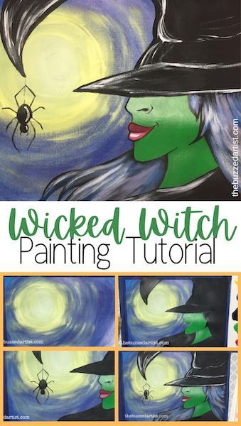 Easy Halloween Paintings For Beginners Step By Step, Witch Painting Ideas, Painting Techniques For Beginners, Halloween Canvas Paintings, Easy Art Lessons, Painting Ideas Acrylic, Witch Painting, Canvas Art Painting Acrylic, Paint Night Ideas