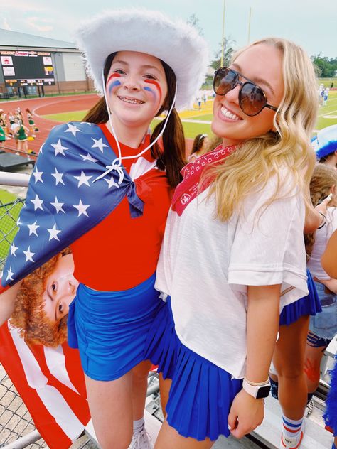 usa game theme, football, fnl #aesthetic #fnl #fnltheme Patriotic Football Game Theme, Usa Outfits For Football Games, Usa Out Football Game, Usa Fnl Theme, Usa Themed Football Game, Fnl Aesthetic, Usa Football Theme, Usa Football Theme Outfit, Football Game Themes