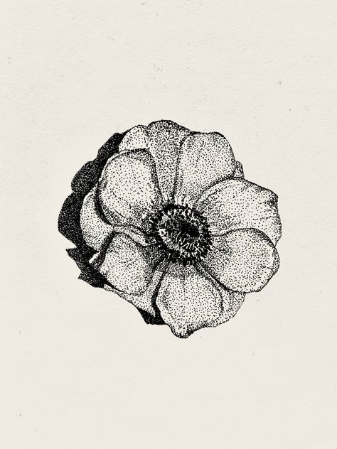 Stipple effect flower / Pointillism effect illustration Dot Painting Black And White, Flower Stippling Art, High Contrast Pointillism Tattoo, Stippling Art Flowers, Pointilism Tattoos Design, Dot Work Flower Tattoo, Small Dot Work Tattoo, Stippling Art Nature, Stippling Drawing Artworks