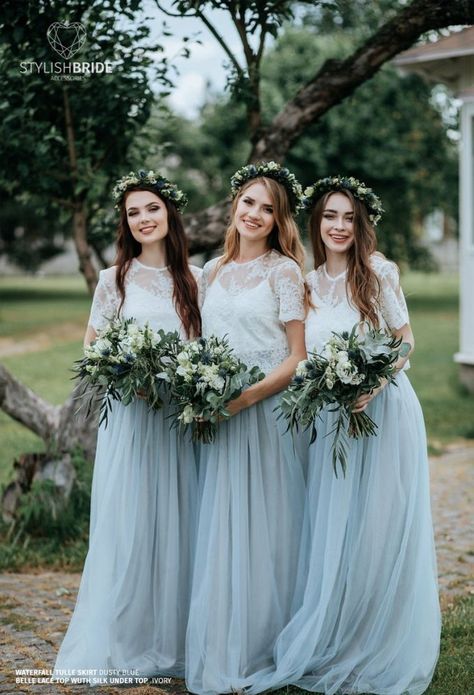 Rustic Bridesmaid Dresses, Bridesmaid Separates, Boho Lace Top, Rustic Bridesmaids, Chic Bridesmaid Dresses, Marine Uniform, Boho Bridesmaid, Lace Prom Dress, Blue Tulle