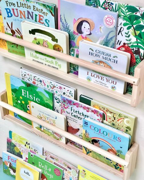 Louise Richards on Instagram: “I love a good faff with Esme’s bookshelves, and what better time… the Spring books are out! 🌼 What are your littles one favourite books at…” Book Ledge, Kids Book Storage, Nursery Bookshelf, Floating Bookshelves, Metal Bookshelf, Bar Basement, Wall Bookshelves, Book Wall, Bookshelves Kids