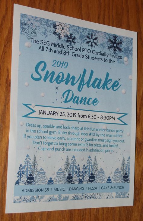 Snowflake dance invitation Winter Dance Ideas School, Middle School Winter Dance, Middle School Dance Activities, Winter Themed Dance Ideas, Winter Dance Decorations School, Snowball School Dance, Winter Wonderland Dance Ideas, Winter Dance Themes Ideas, Winter Dance Poster Ideas