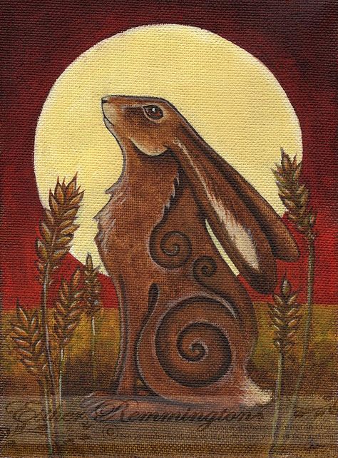 Esther Remmington Fantasy Art Moon Hare Tattoo, Moon Gazing Hare Art, Hare And Moon, Celtic Hare Tattoo, Painting Themes Ideas, Hares In Art, Moon Gazing Hare Tattoo, Hare Artwork, Hare Images