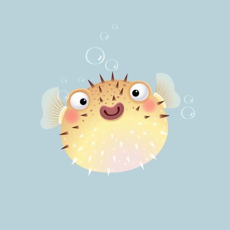 Cute cartoon puffer fish on gray backgro... | Premium Vector #Freepik #vector #character #cartoon #sea #fish Fish Tank Drawing, Puffer Fish Art, Cartoon Goldfish, Cartoon Dolphin, Rabbit Vector, Cartoon Monkey, Cartoon Fish, Fish Vector, Pig Cartoon