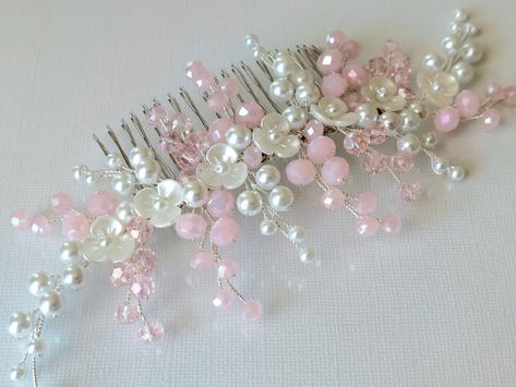 Wedding Blush Pink Light Pink Pearl Crystal Floral Bridal Side Hair Comb. HAIR COMB size approx. 6.88 inches (17.5cm) wide, and 2.95 inches (7.5cm) high including comb. This item is ready to ship HAIR ACCESSORIES SECTION: https://www.etsy.com/shop/LanaChayka?ref=seller-platform-mcnav§ion_id=22670998 Elegant and romantic, this beautiful hair piece are perfect for weddings or special occasions such as birthdays, anniversaries, graduations, proms...or whatever you can imagine! Handmade hair comb, i Pink Prom Hair, Charming Pink Wedding Jewelry, Elegant Pink Hair Accessories For Formal Occasions, Pink Whimsical Hair Accessories For Birthday, Elegant Pink Wedding Hair Accessories, Light Pink Hair Accessories, Bridal Side Hair, Pink Wedding Accessories, Light Pink Jewelry