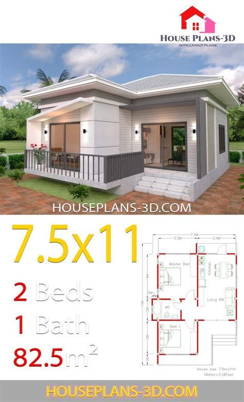 Simple House Plans 6x7 With 2 Bedrooms Hip Roof - House Hip Roof House Plans, Efficient House Plans, Simple Bungalow House Designs, House Plans 3d, Gable Roof House, House Design Plans, Flat Roof House, Modern Small House Design, Small House Floor Plans