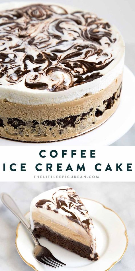 Coffee Ice Cream Cake. This decadent dessert starts with a brownie layer, followed by coffee ice cream and a layer of vanilla ice cream swirled with fudge. #decadentdessert Coffee Ice Cream Cake, Food Habits, Ice Cream Cake Recipe, Brownie Desserts, Coffee Ice, Swedish Meatballs, Coffee Ice Cream, Potato Fries, Cream Desserts