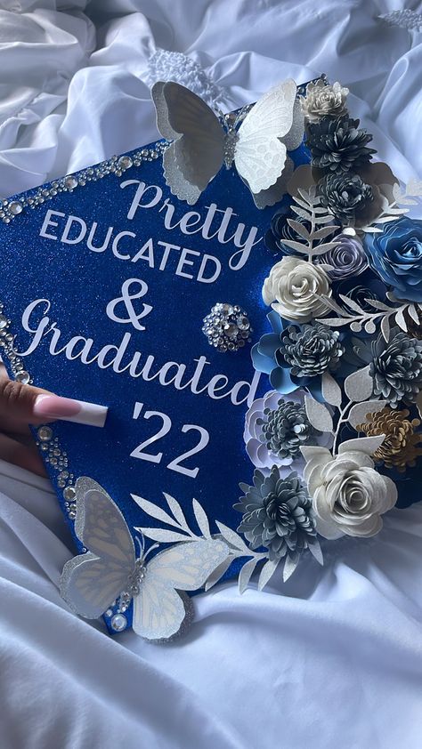 #graduation #cricket #butterfly #graduationcapdesigns Graduation Cap Designs Royal Blue, Grad Cap With Butterflies, Graduation Cap Designs Grad School, Graduation Cap With Butterflies, Royal Blue Grad Cap Ideas, Graudtion Caps Ideas 2023, Blue Cap Designs For Graduation, Grad Cap Inspo High School, Cap Decoration Graduation 2024