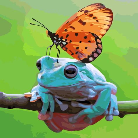 Painting of a frog with a butterfly on its head Frog Species, Bee Drawing, Butterfly Art Painting, Frog Crafts, Frog Tattoos, Frog Art, Cute Canvas, Color By Number, Butterfly Painting