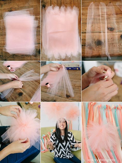 Tutu tulle pom pom tutorial | povparty_25 Tulle Pom Pom, Pom Pom Tutorial, Ballerina Baby Showers, Diy Tulle, Tulle Poms, Ballerina Birthday Parties, Tutu Party, Ballerina Party, Ballerina Birthday