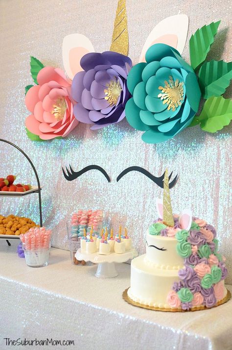 Unicorn Birthday Party Ideas Decoration, Unicorn Birthday Party Food, Unicorn Baby Shower Decorations, Diy Unicorn Birthday Party, Unicorn Birthday Party Cake, 4de Verjaardag, Diy For Beginners, Unicorn Backdrop, Unicorn Flower