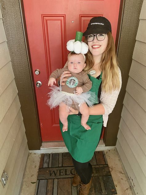 Starbucks Toddler Costume, Baby Coffee Costume, Diy Mommy And Me Halloween Costumes, Starbucks Baby Costume, Baby Starbucks Costume, Mommy And Baby Halloween Costumes, Starbucks Halloween Costume, Mother Daughter Costumes, Mom And Baby Costumes