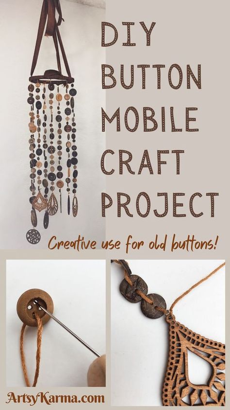 Diy button mobile craft project Button Garland Diy, Button Flowers Diy, Button Crafts To Sell, Button Crafts For Adults, Button Mobile, Vintage Buttons Crafts, Button Art Projects, Button Projects, Buttons Crafts Diy