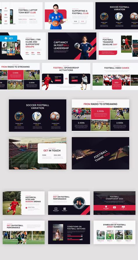 Soccer & Football Sports Keynote Presentation Template - Total Slides: 22 Slides Sports Presentation Design, Soccer Moodboard, Slides Design Presentation, Football Proposal, Football Presentation, Sports Presentation, Presentation Deck, Slide Deck, Marketing Presentation