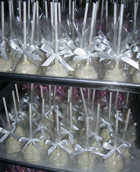 Beautiful Wedding Cake Pops wrapped and tied with White Satin Ribbons Visit Marie Grahams on Etsy.com Cake Pops Wrapped, Cake Pop Wrapping Ideas, Truffle Pops, White Cake Pops, Beautiful Wedding Cake, Wedding Cake Pops, Lollipop Sticks, Wedding Order, Satin Ribbons