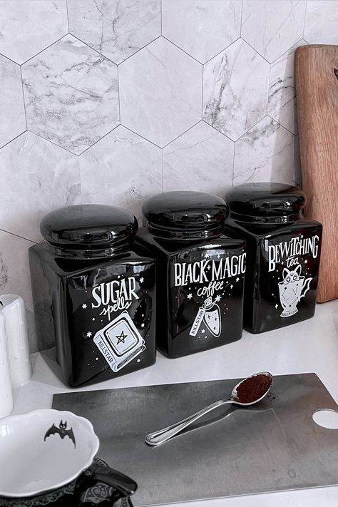 Kitchen Gothic Decor, Goth Home Decor Diy Kitchen, Gothic Kitchen Accessories, Horror Kitchen Decor, Goth Pantry, Killstar Home, Spooky Kitchen Ideas, Soft Goth Home Decor, Gothic Dishware