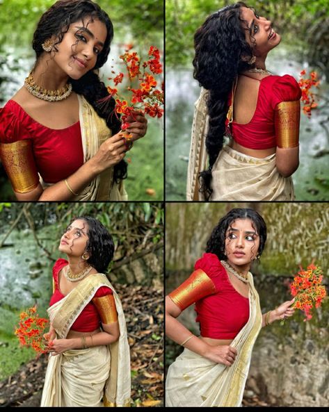 Poses For South Indian Look, South Look Photoshoot, Onam Photo Shoot Ideas, Saree With Kamar Band, White Saree Wedding South Indian, Onam Shoot Ideas, Onam Poses In Saree, South Saree Look, Traditional Shoot Ideas