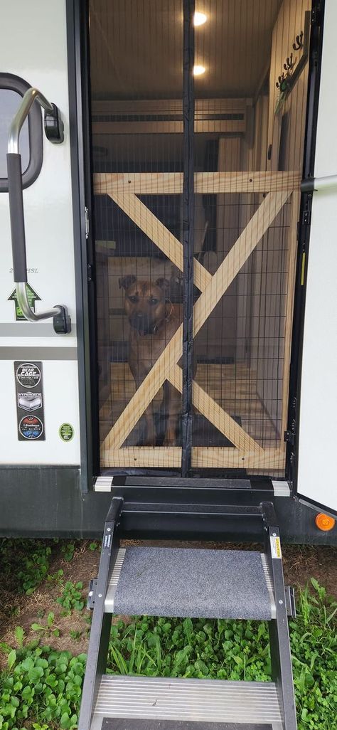 RV Storage, Space and Organizing Ideas | Didn't care for the standard rv screen door so I did a magnetic closure and made a dog gate. | Facebook Camper Screen Door Ideas, Stationary Camper Living, Rv Door Makeover, Rv Screen Door, Mesh Screen Door, Dog Barrier, Camper Trailer Remodel, Diy Rv, Van Build