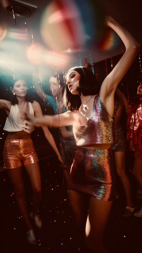 In the artwork, a young girl is captured in a moment of dance, her eyes closed as she immerses herself in the music. The vibrant background showcases a group of additional girls, all joyfully grooving to the rhythm. The artist skilfully captures the essence of the movement and the spirited atmosphere of a disco dance floor, evoking, a sense of energy, freedom and the joy of self expression to dance. 80s Disco Aesthetic, Disco Photoshoot, 70s Photoshoot, Disco 80, Look Disco, Spotify Playlist Cover, 70’s Disco, Disco Aesthetic, Disco 70s