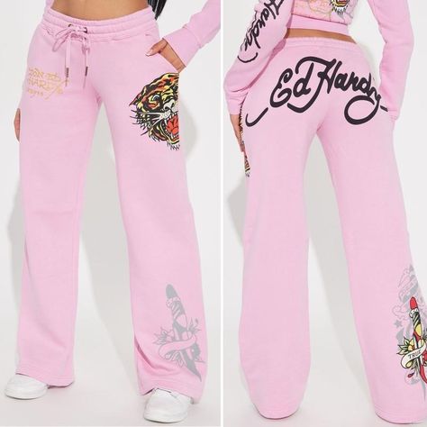 ED HARDY “TIGER ROAR” PINK FLARE PANTS Pink Ed Hardy Outfit, Pink Fitted Sweatpants For Streetwear, Ed Hardy Tracksuit, Grey Ed Hardy Sweatsuit, Ed Hardy Sweatpants, Ed Hardy Jeans, Ed Hardy Womens Clothes, Ed Hardy Cropped Hoodie, Future Clothes