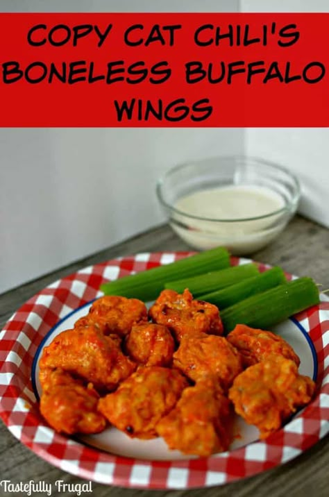 Copy Cat Chili's Boneless Buffalo Wings {and Air Fryer 100 Review} - Tastefully Frugal Boneless Buffalo Wings, International Meals, Chick Fil A Sandwich, Honey Chipotle Chicken, Stuffed Meatballs, Boneless Wings, Copy Cats, Velvet Cheesecake, Leather Apple Watch Band