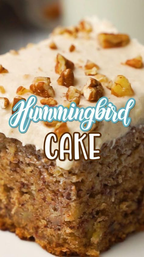 Full of pineapple, bananas and pecans this homemade southern Hummingbird Cake is super flavorful, filling and the perfect dessert for any occasion! Special Desserts Recipes, 13x9 Cake Recipes, Specialty Cakes Recipes, Southern Dessert Recipes, Award Winning Desserts, Hummingbird Cake Recipe, Hummingbird Cake Recipes, Southern Cake, Hummingbird Cake