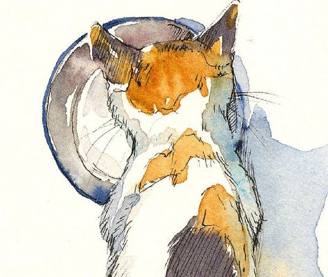 Milk Drawing, Cat Sketch, Ink And Watercolor, Envelope Art, Cat Drinking, Cat Artwork, Watercolor Wash, Watercolor Cat, Drink Milk