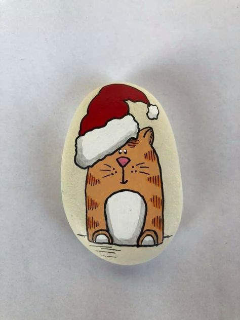 Stone Painting Christmas, Christmas Painted Rocks Ideas, Christmas Cat Painting, Rock Painting Christmas, Christmas Stone Painting, Painted Rocks Christmas, Christmas Stones, Christmas Rock Painting Ideas, Christmas Painted Rocks