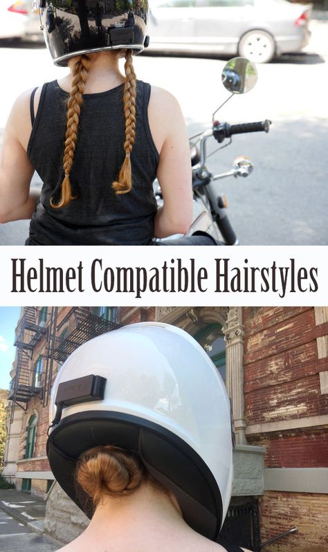 The most practical solutions to keeping your hair wrangled when riding. Hairstyle For Riding Motorcycle, Biker Girl Hairstyles Helmet Hair, Biker Wife, Braids For Motorcycle Riding, How To Style Hair For Motorcycle Ride, Hair Ideas For Motorcycle Riding, Motorbike Hairstyles, Biker Braids, Women Motorcycle Hair Ideas