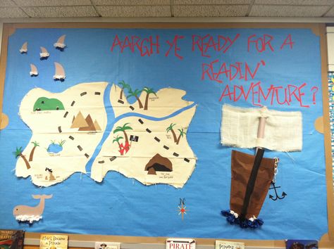 pirate bulletin board to encourage reading in school library Adventure Bulletin Board Ideas, Pirate Bulletin Board Ideas, Sailing Bulletin Board, Sailing Classroom Theme, Adventure Bulletin Board, Pirate Bulletin Boards, Pirates School Theme, Library Doors, Pirate Theme Classroom