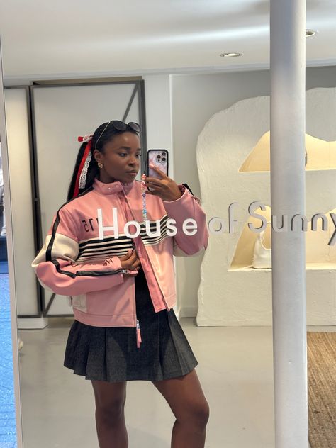 Pink racer leather racing jacket, girly fall outfit inspo, mirror selfie, photo dump, autumn aesthetic, london street style, house of sunny, vintage outfits Race Car Jacket, Leather Racing Jacket, Aesthetic London, Pink Street, Pink Leather Jacket, 2024 Year, House Of Sunny, Dream Outfits, Racing Jacket