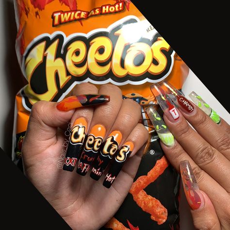 Cheeto Nails, Cheetos Nails, Funky Nail Designs, Lays Chips, Shein Wishlist, No Chip Nails, Hot Cheetos, Frito Lay, Nails Design With Rhinestones