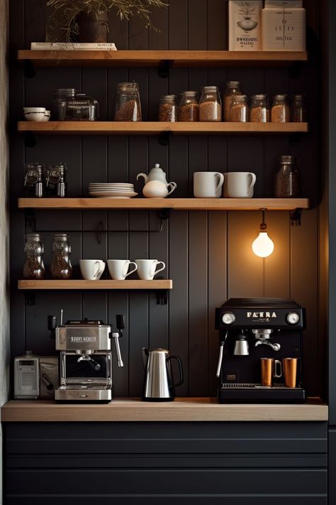 coffee bar ideas coffee aesthetic modern design house design home interior design Koffie Stations, Drinks Corner, Hdb Renovation, Pinterest Kitchen, Office Coffee Bar, Coffee Area, Coffee Bar Station, Coffee Bar Design, Coffee Nook