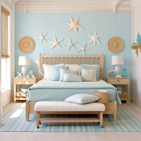 Discover beach-themed bedrooms with starfish wall art and sky-blue monochromatic color schemes. The soft focal points create a whimsical, lighthearted atmosphere. #BeachTheme #BedroomDesign #WhimsicalDecor #StarfishDreams Mom Bedroom, Costal Bedroom, Beachy Room Decor, Beach Room Decor, Beachy Bedroom, Beach Themed Bedroom, Beach House Bedroom, Beachy Room, Beach House Interior Design