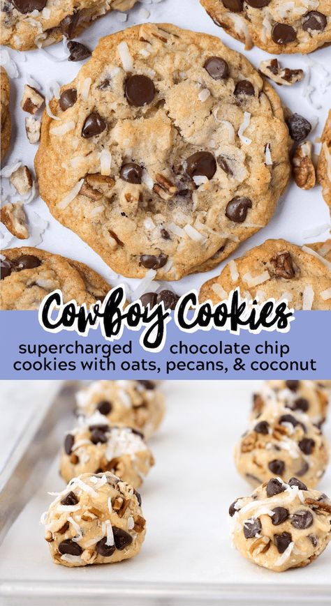 This soft and chewy Cowboy Cookie is our favorite loaded cookie recipe. It’s like a supercharged chocolate chip cookie that’s loaded with oats, coconut and pecans! Cowboy cookies are ready to eat in 25 minutes - you don’t have to chill the cookie dough! #cowboycookies #cookies #christmascookies Farmers Market Cookies, Cowboy Cookie, Cowboy Cookie Recipe, Xmas Recipes, Salted Caramel Mocha, Farmer Market, Stuffed Cookies, Fantastic Recipes, Cowboy Cookies