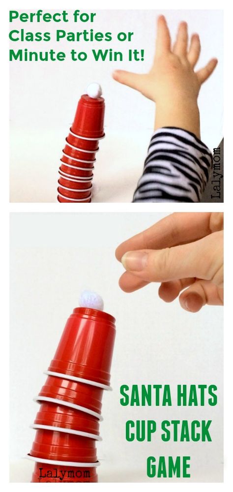 This Santa hats cup stacking game from LalyMom is perfect for kids this Christmas. This activity is cheap and easy to get together and everyone will have a blast playing this DIY Christmas game. Grab this guide to an amazing game for class parties, a minute to win it, or just a fun evening with the family. #christmas #christmasgame #minutetowinit #christmasgames #christmasgamesforkids Minute To Win It Games Christmas, Kids Santa Hat, School Christmas Party, Stack Game, Cup Games, Minute To Win, Christmas Games For Kids, Favorite Christmas Songs, Fun Christmas Games