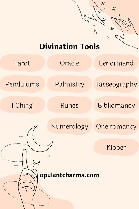 Graphic showcasing a list of divination tools with illustrations of hands, stars, and moons. Witchcraft Divination, Divination Spells, Divination Witch, What Is Divination, Different Types Of Divination, Diy Divination Tools, Charm Divination, Divination Tools Witches, Divination Tools Spiritual