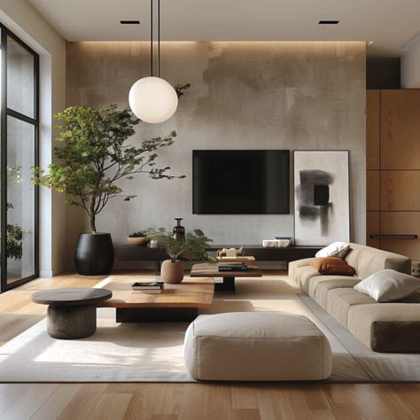 Japandi Living Room Japandi Interior Living Room, Modern Decor Style, Tv Near Window Living Rooms, Living Room Tv Wall Japandi, Home Feature Wall, Japandi Living Room Tv Wall, Japandi Grey Living Room, Textured Wall Living Room, Japandi Living Room With Fireplace